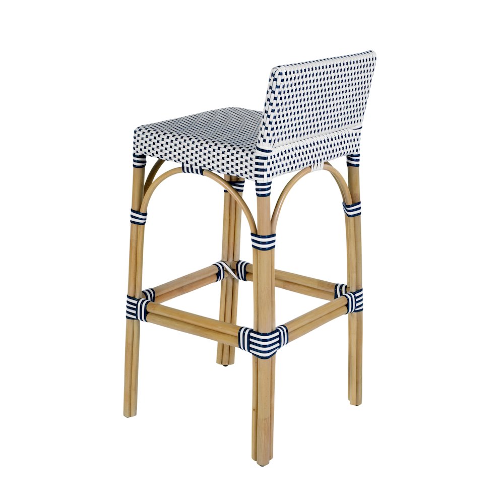 Serienna 30 in. Seat Height Rectangular Rattan Low Back Bar Stool White and Navy. Picture 6