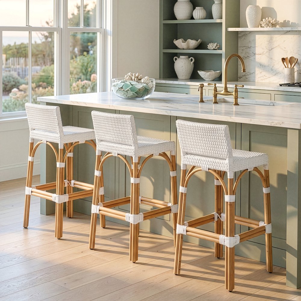 Serienna 30 in. Seat Height Rectangular Rattan Low Back Bar Stool, Smooth White. Picture 2