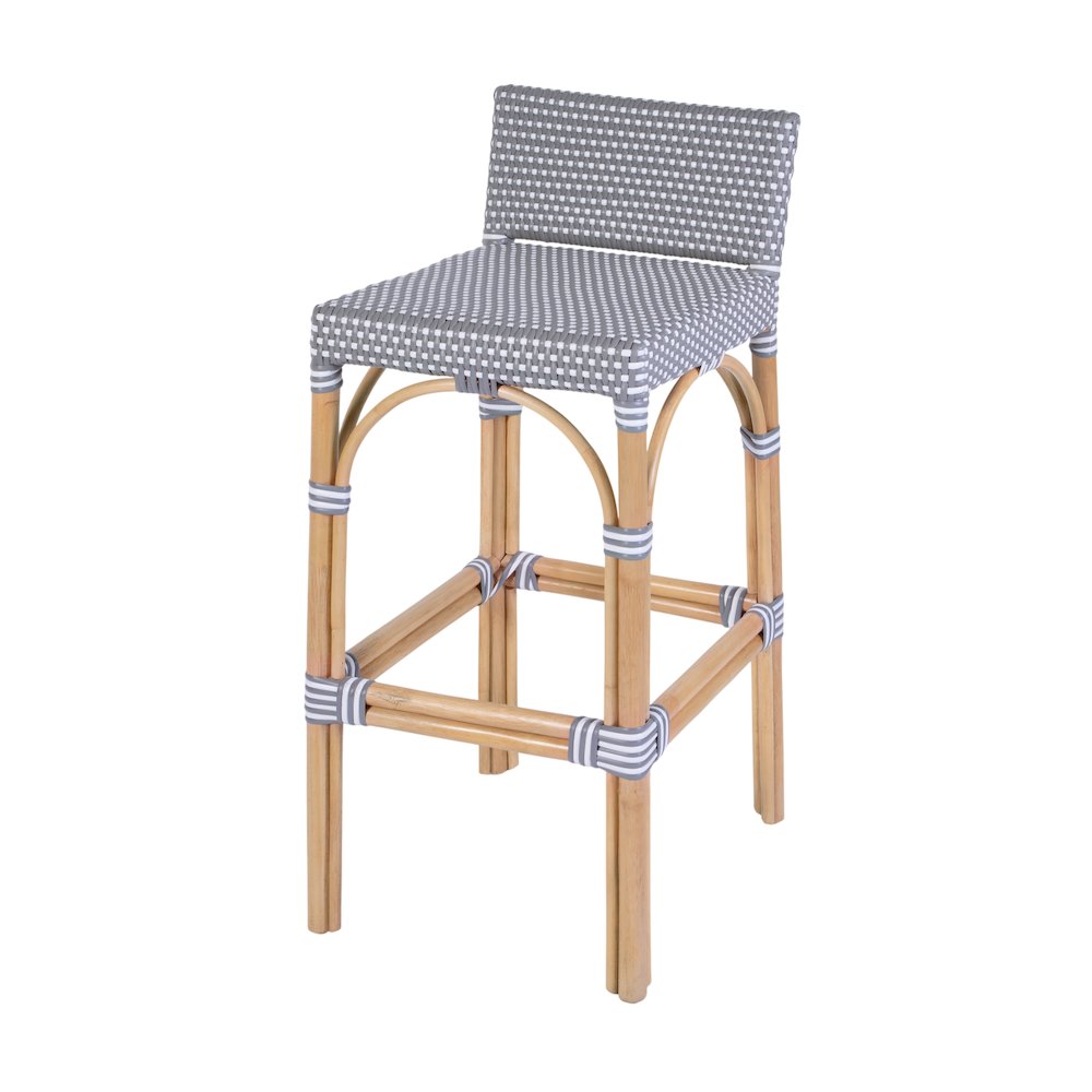 Serienna 30 in. Seat Height Rattan Low Back Bar Stool, Gray and White Dot. Picture 1