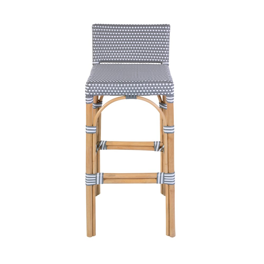 Serienna 30 in. Seat Height Rattan Low Back Bar Stool, Gray and White Dot. Picture 4