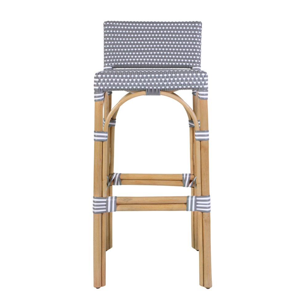 Serienna 30 in. Seat Height Rattan Low Back Bar Stool, Gray and White Dot. Picture 5