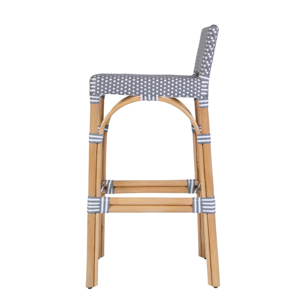 Serienna 30 in. Seat Height Rattan Low Back Bar Stool, Gray and White Dot. Picture 6