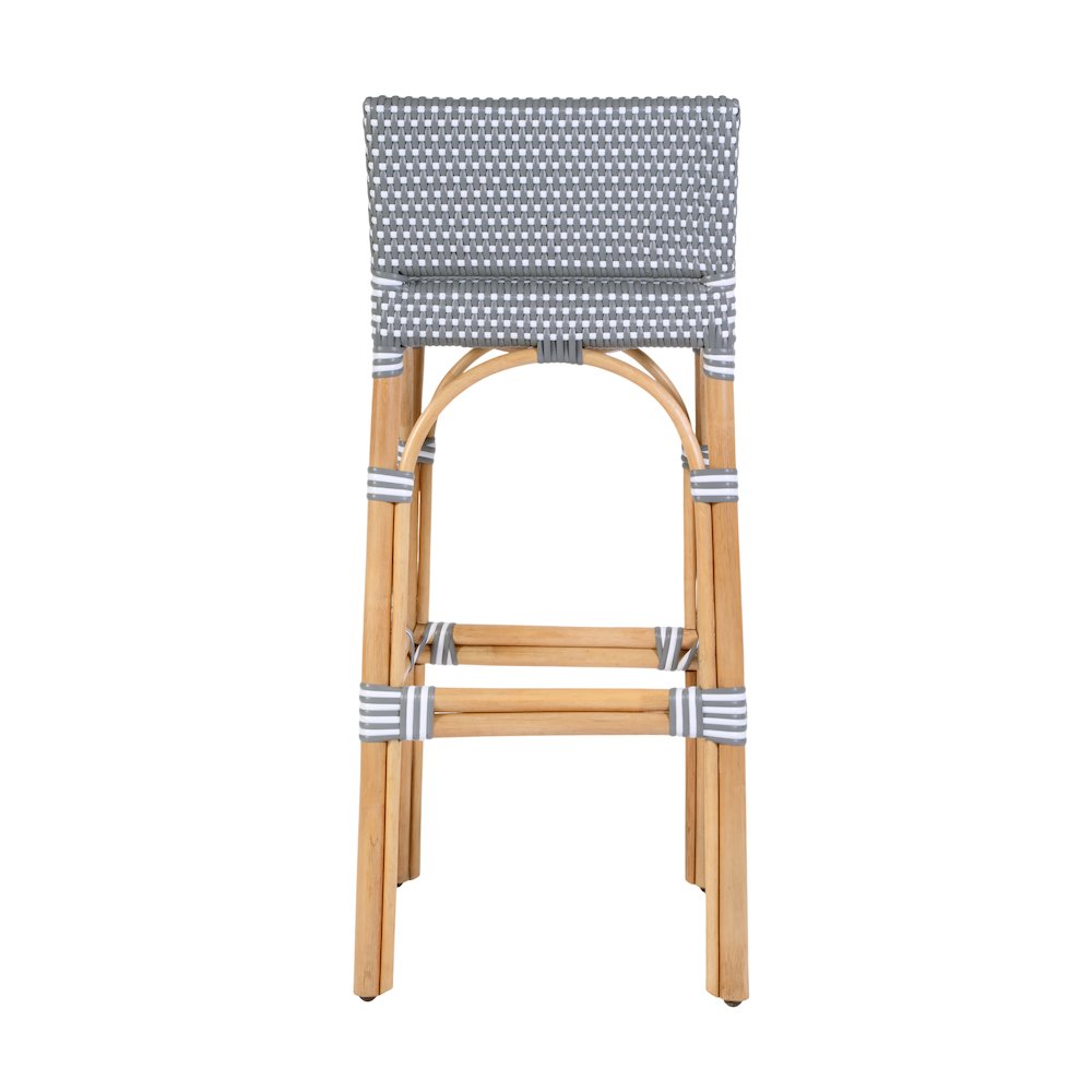 Serienna 30 in. Seat Height Rattan Low Back Bar Stool, Gray and White Dot. Picture 7