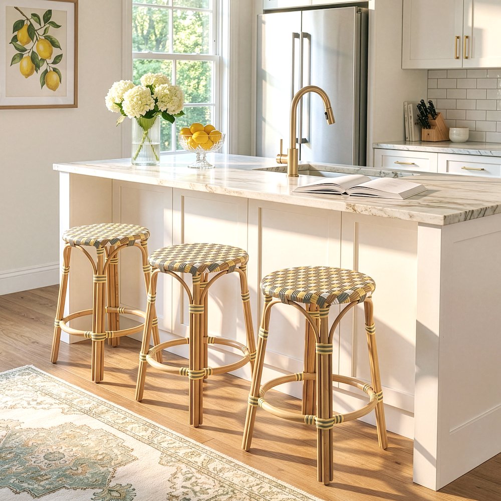 Ballito 24 in. Seat Height Oval Rattan Counter Stool, Yellow and Brown. Picture 2