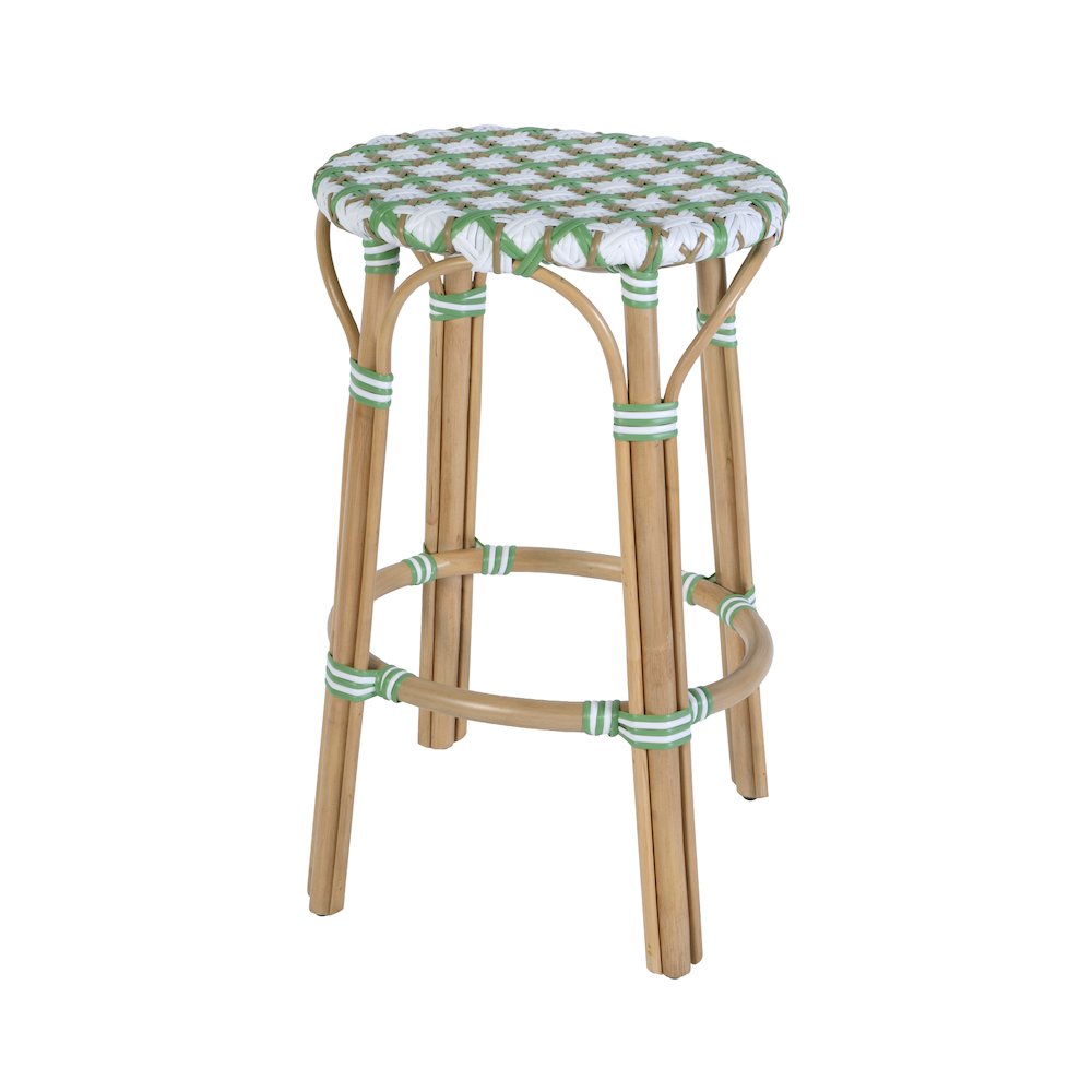 Ballito 30 in. Seat Height Oval Rattan Bar Stool with Footrest, White and Green. Picture 1
