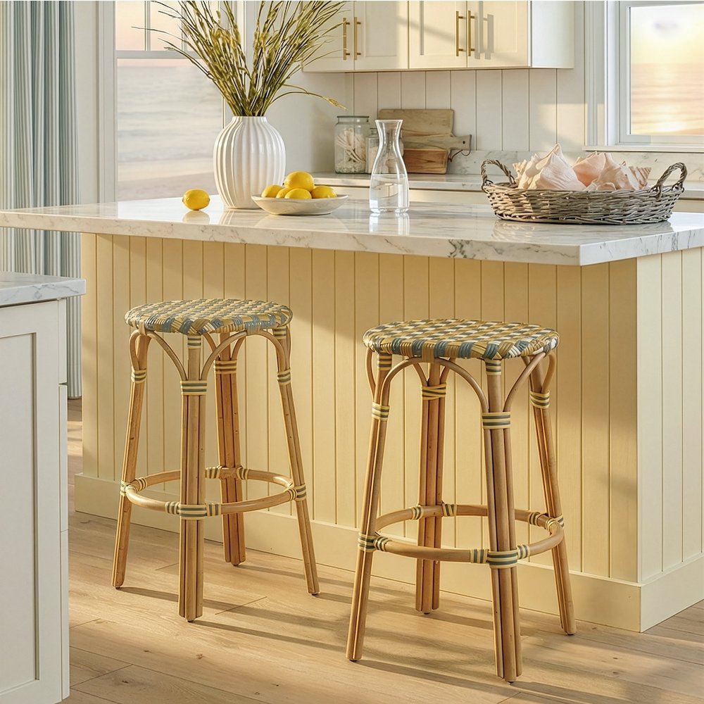 Ballito 30 in. Seat Height Oval Rattan Bar Stool with Footrest, Yellow and Brown. Picture 2