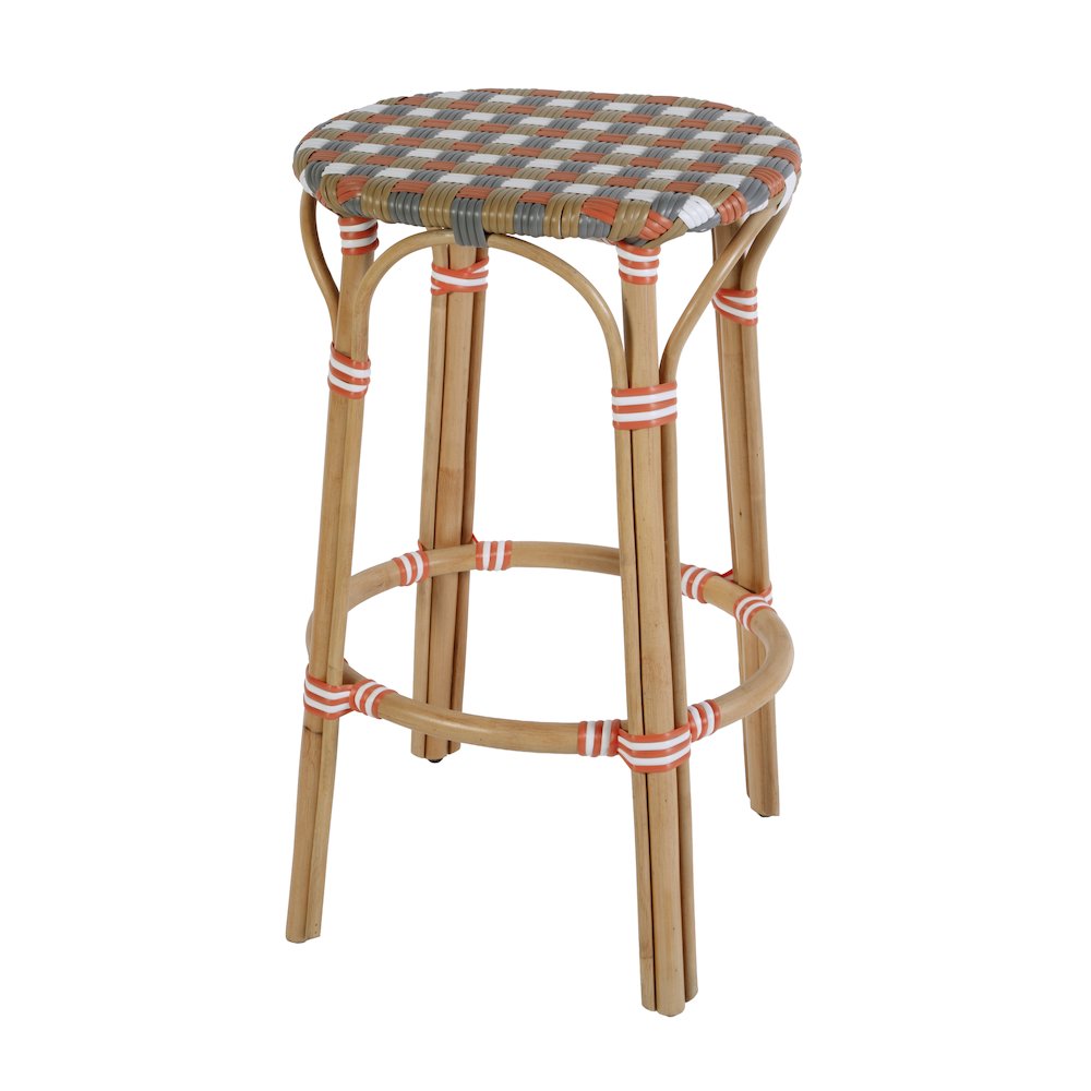 Ballito 30 in. Seat Height Oval Rattan Bar Stool with Footrest, Orange and Brown. Picture 1