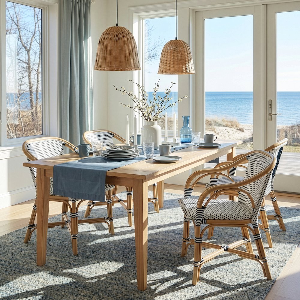 Portofino 18.75 in. Seat Height Rattan Arm Chair, White and Navy. Picture 2