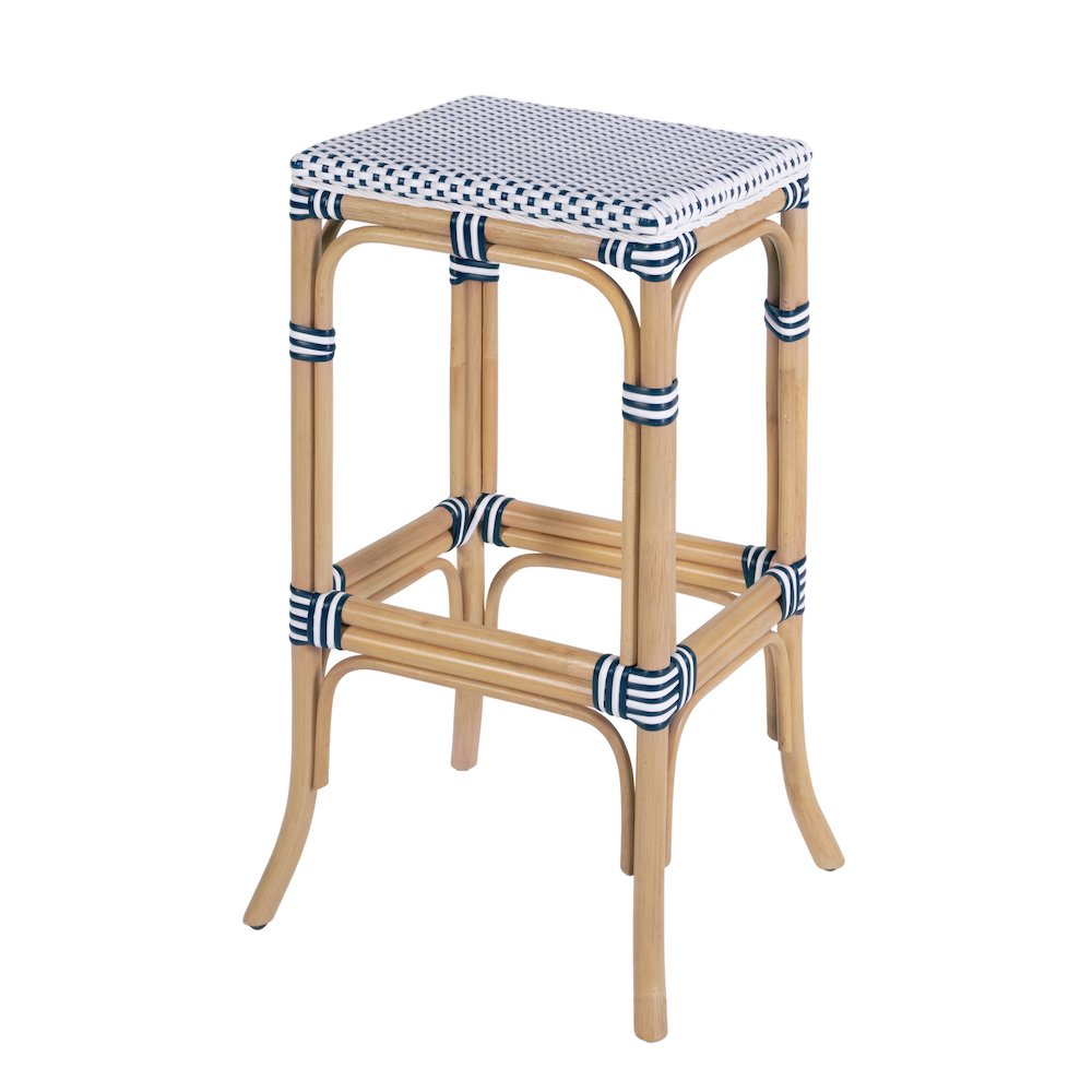 Laguna 30.5 in. Seat Height Rectangular Rattan Backless Bar Stool White and Navy. Picture 1