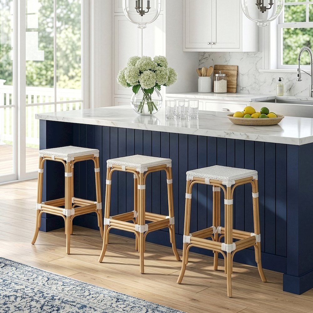 Laguna 30.5 in. Seat Height Rectangular Rattan Backless Bar Stool, Smooth White. Picture 2