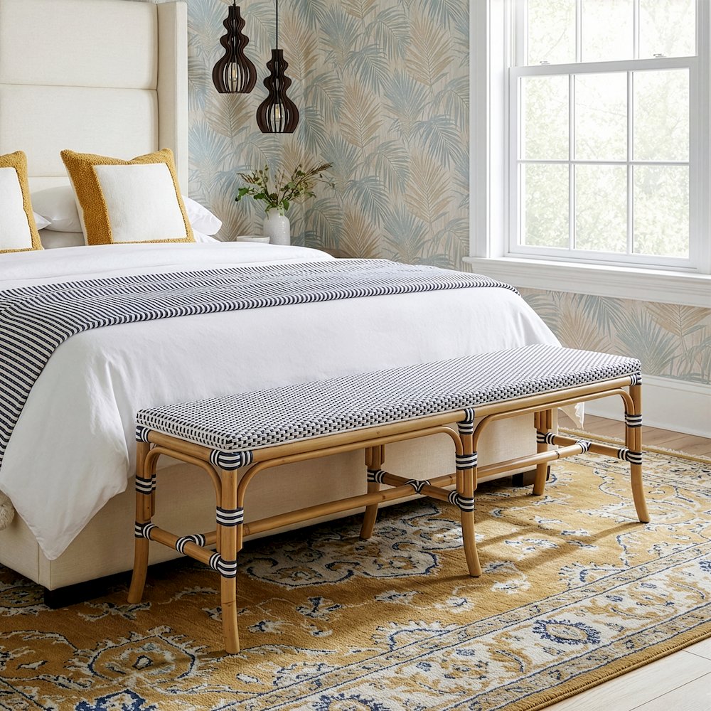 Laguna 66.5 in. W Rectangular Rattan Backless Accent Bench, White and Navy. Picture 2