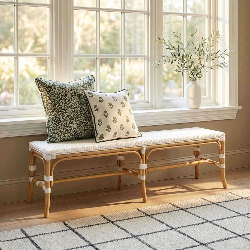 Laguna 66.5 in. W Rectangular Rattan Backless Accent Bench, Smooth White. Picture 2