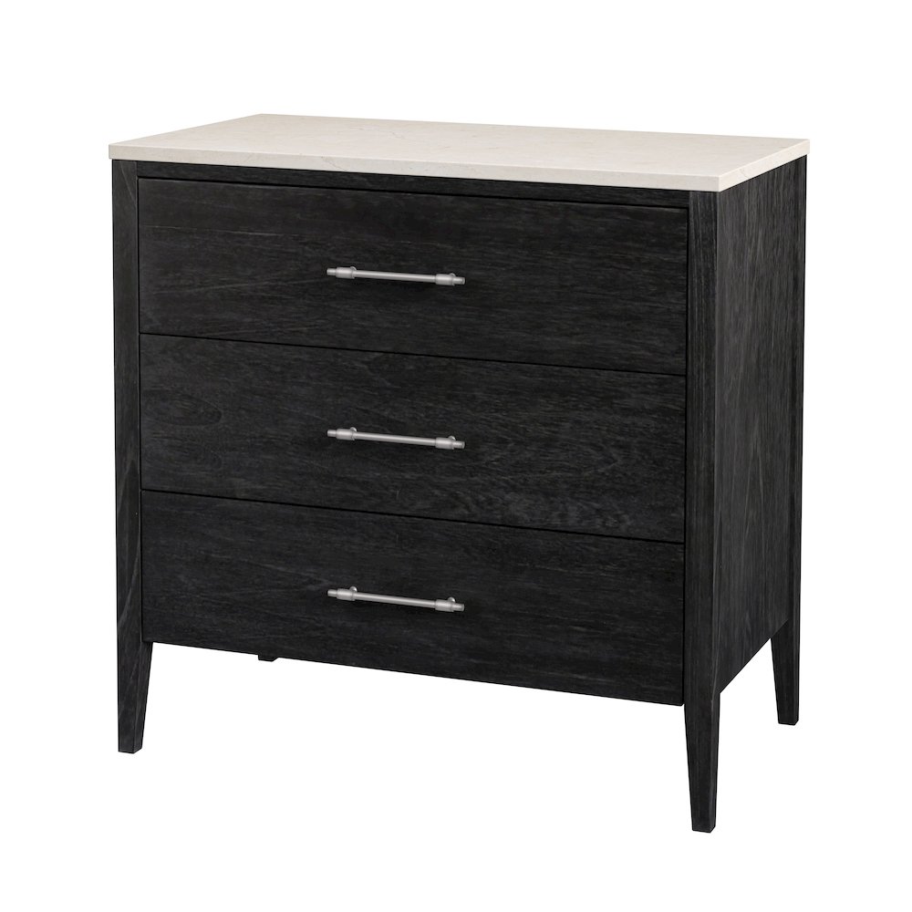 Averly 32.75 in. W Rectangular Marble and Wood 3 Drawer Chest, Black. Picture 1