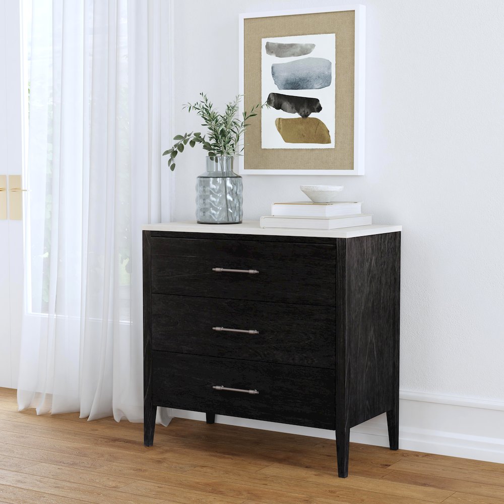 Averly 32.75 in. W Rectangular Marble and Wood 3 Drawer Chest, Black. Picture 2