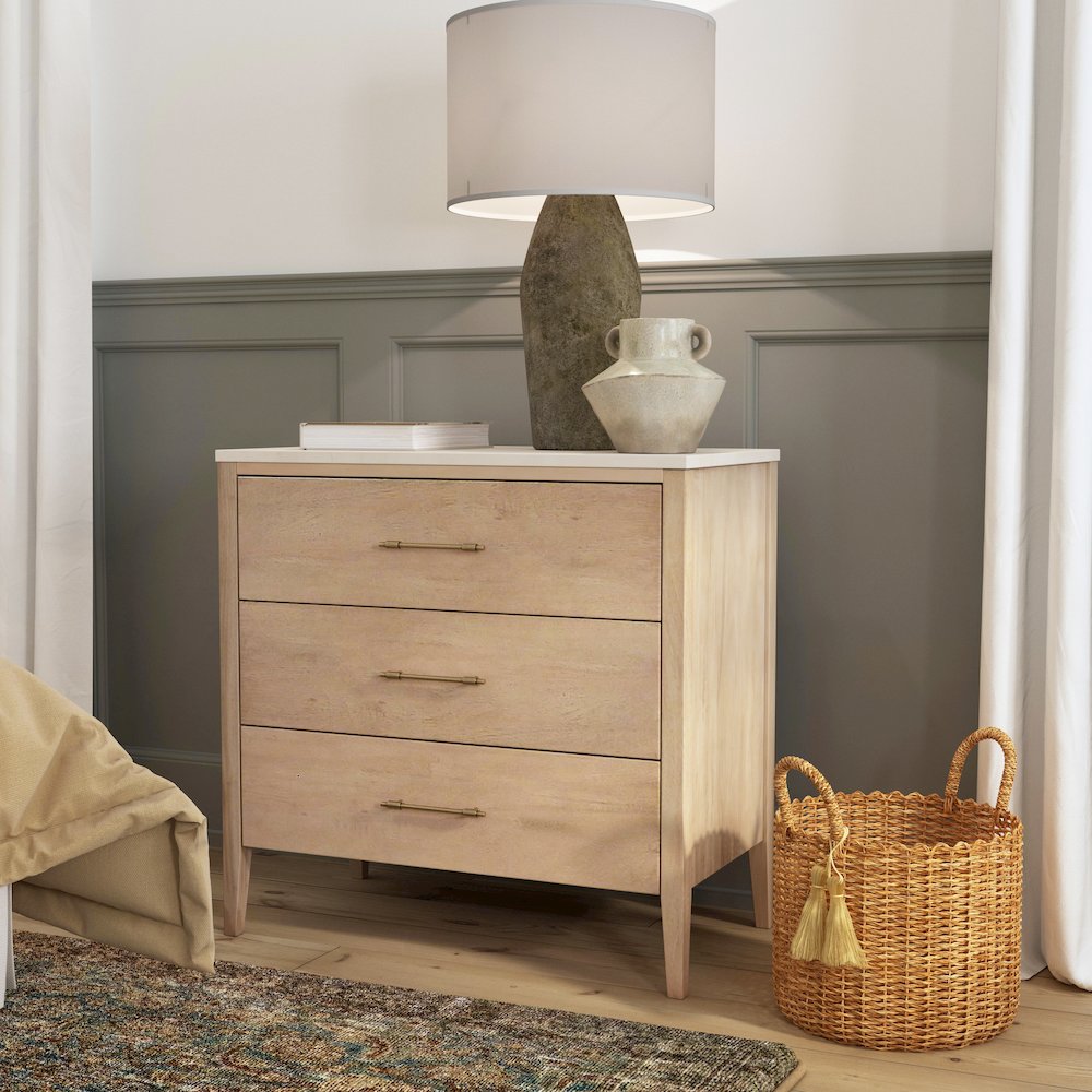 Averly 32.75 in. W Marble and Wood 3 Drawer Chest, Light Brown. Picture 2