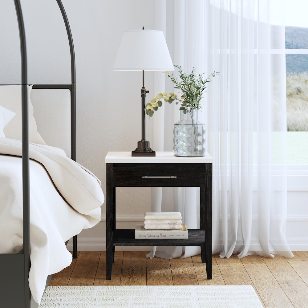 Averly 22"W Marble Top 1 Drawer Nightstand with Shelf, Black. Picture 2
