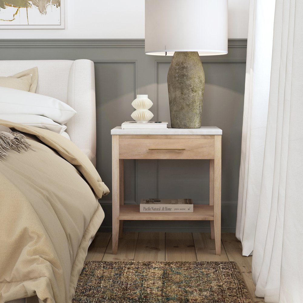 Averly 22"W Marble Top 1 Drawer Nightstand with Shelf, Light Brown. Picture 2