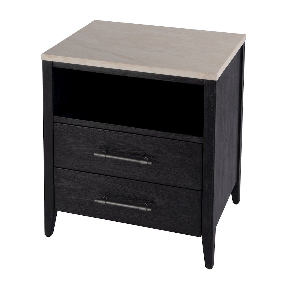 Averly 22"W Marble Top 2 Drawer Nightstand with Shelf, Black. Picture 1