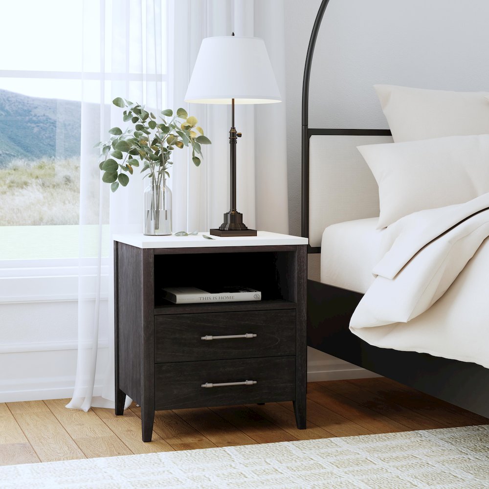 Averly 22"W Marble Top 2 Drawer Nightstand with Shelf, Black. Picture 2