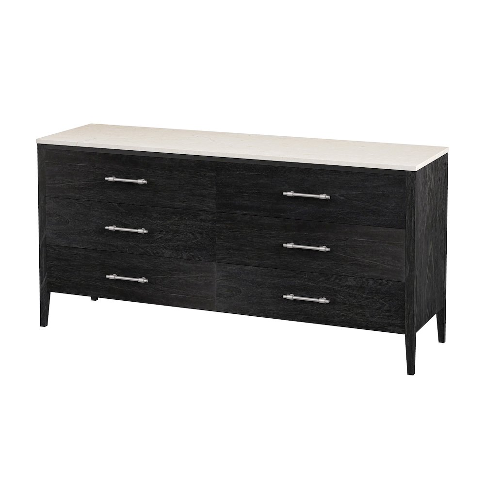 Averly 64"W Rectangular Marble Top 6 Drawer Dresser, Black. Picture 1