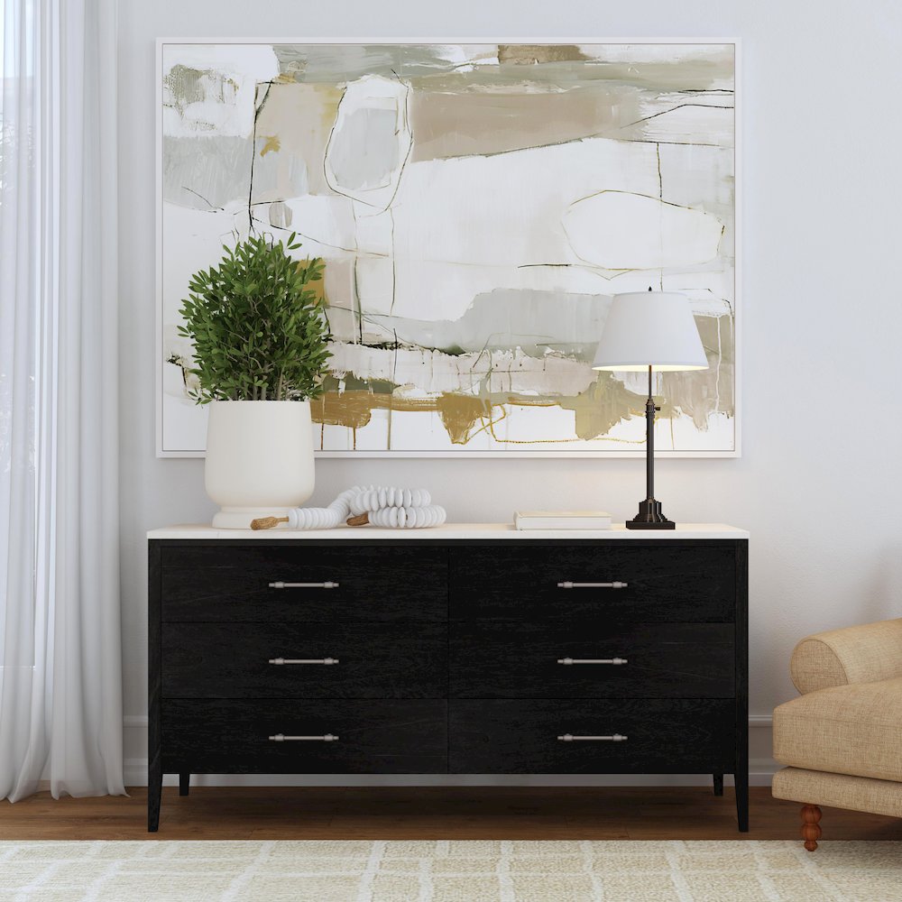 Averly 64"W Rectangular Marble Top 6 Drawer Dresser, Black. Picture 2