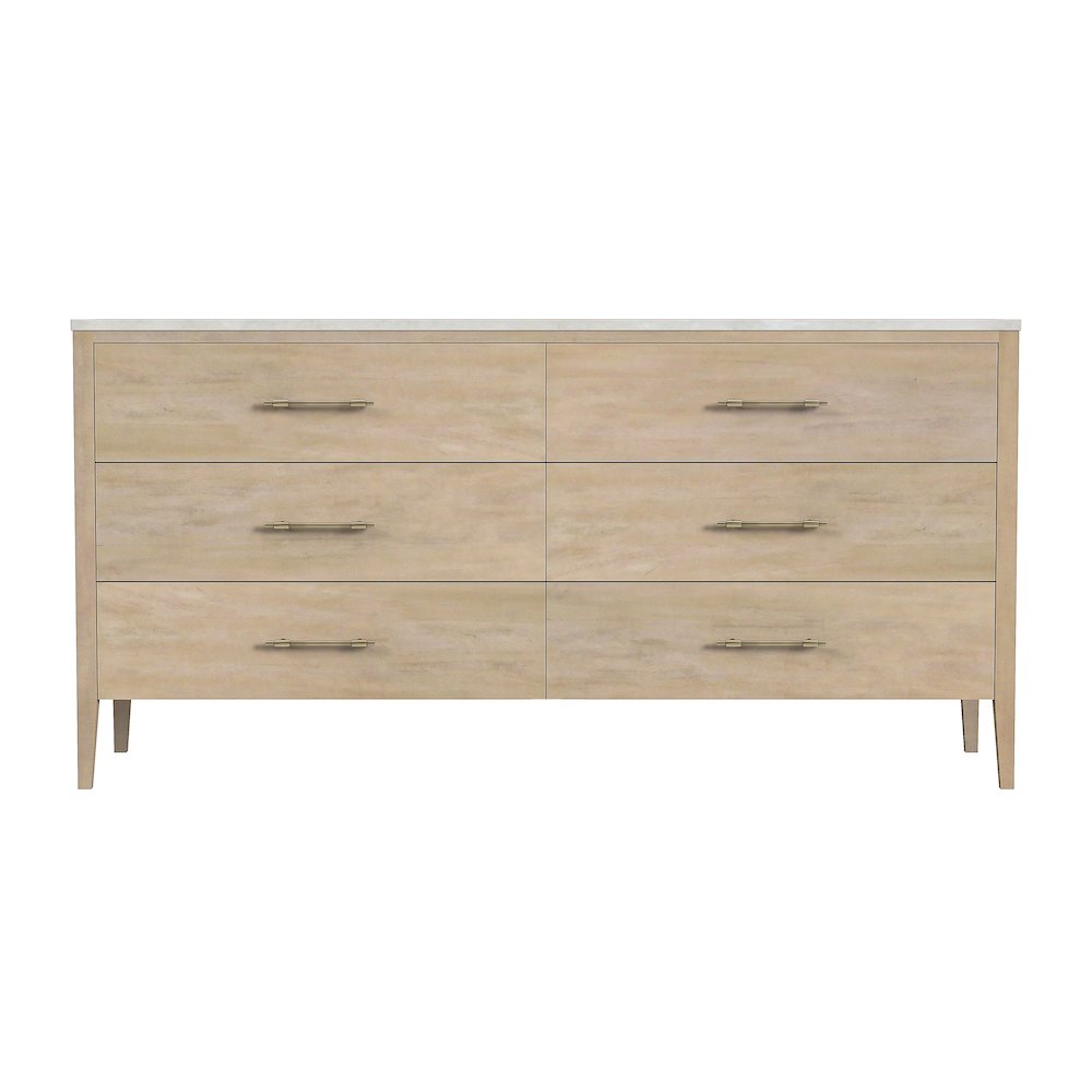 Averly 64"W Rectangular Marble Top 6 Drawer Dresser, Light Brown. Picture 4