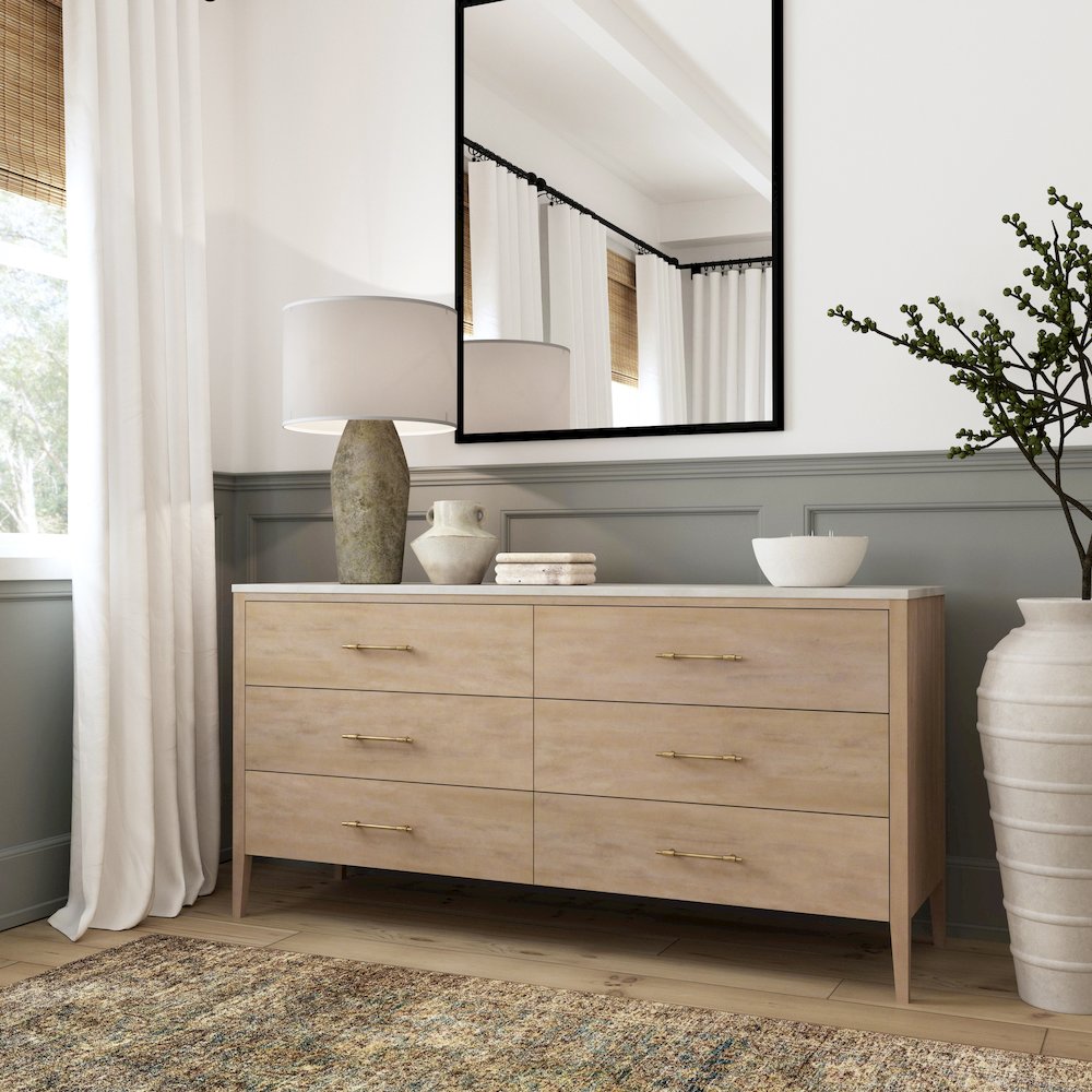 Averly 64"W Rectangular Marble Top 6 Drawer Dresser, Light Brown. Picture 2