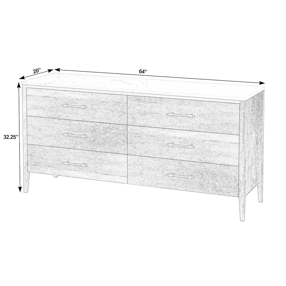 Averly 64"W Rectangular Marble Top 6 Drawer Dresser, Light Brown. Picture 3