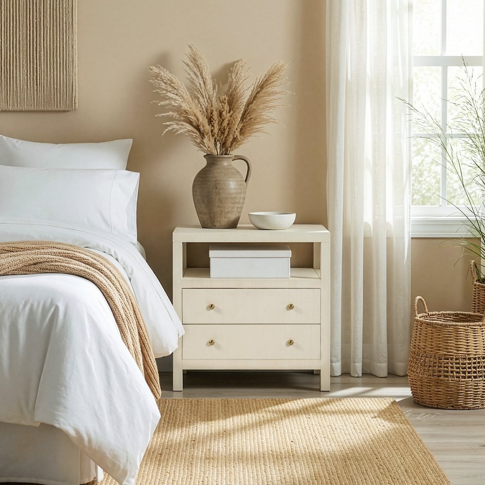 Nora 28 in. W Raffia 2 Drawer Nightstand with Top Open Shelf, Beige. Picture 2