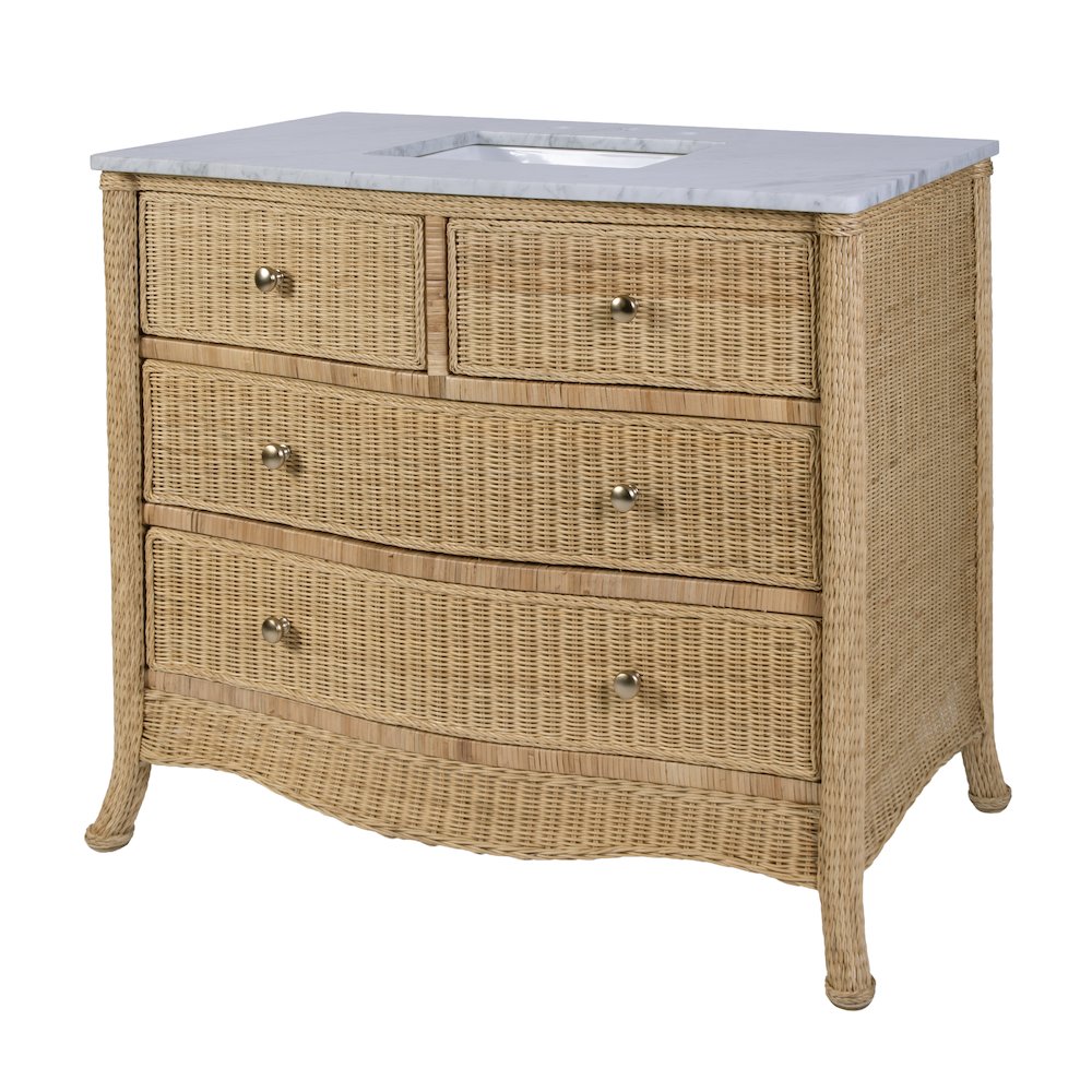 McLean 42 in. W Marble Top and Rattan 2 Drawer Single Bathroom Vanity, Natural. Picture 1
