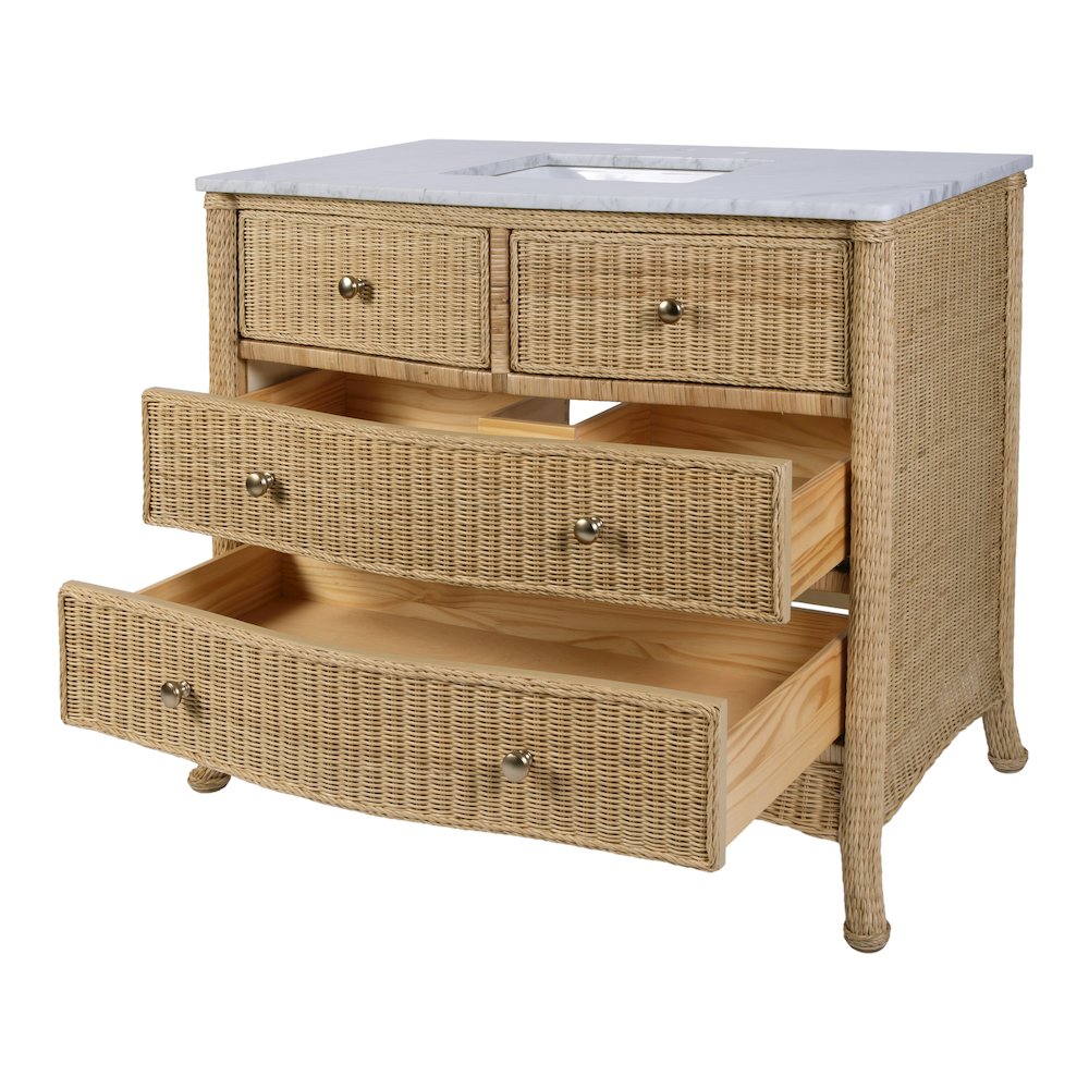McLean 42 in. W Marble Top and Rattan 2 Drawer Single Bathroom Vanity, Natural. Picture 4