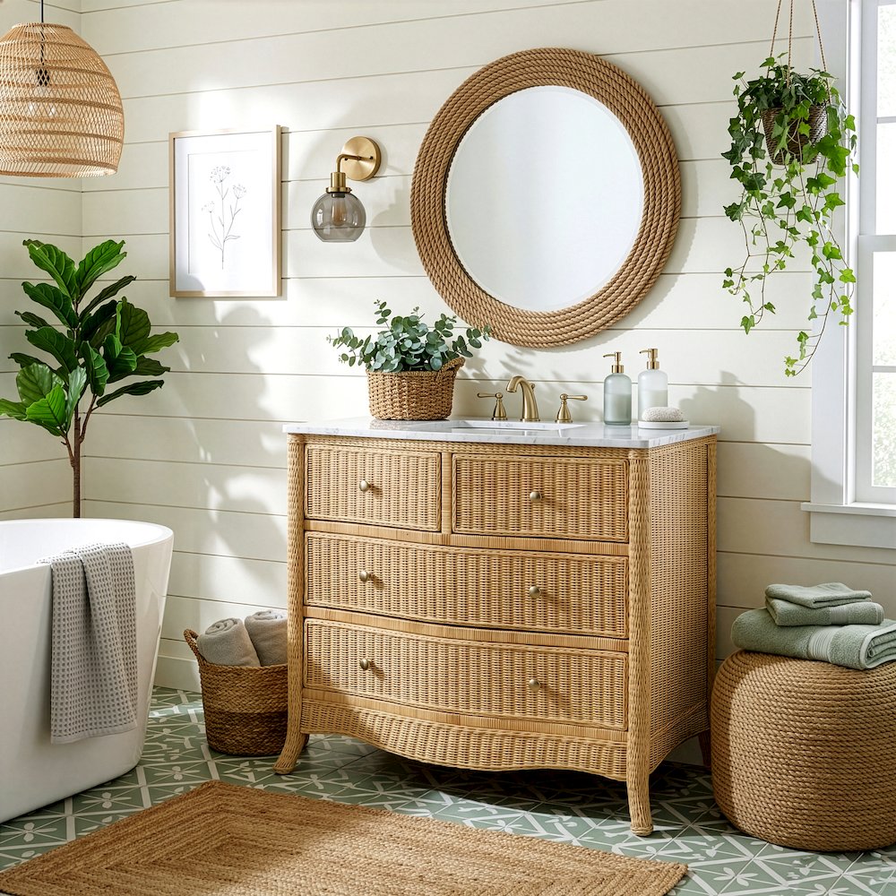 McLean 42 in. W Marble Top and Rattan 2 Drawer Single Bathroom Vanity, Natural. Picture 2