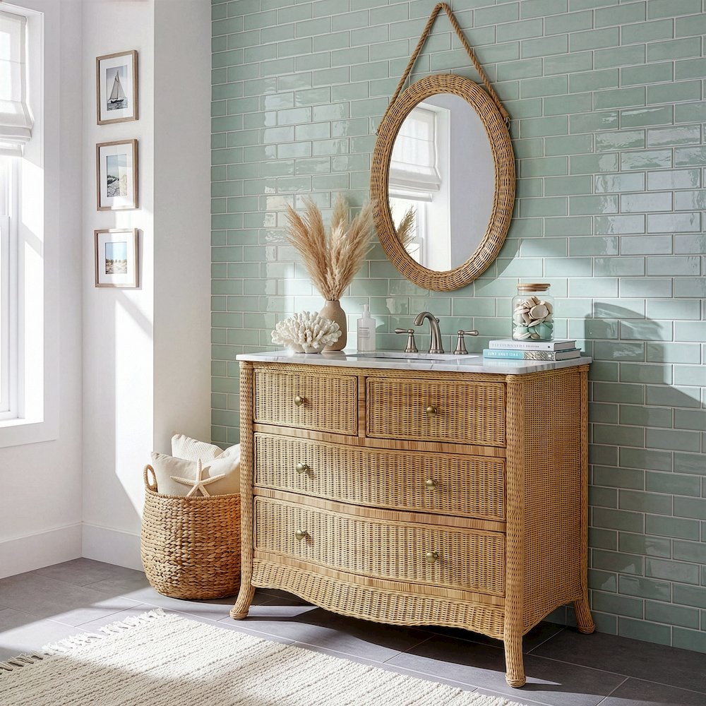 McLean 42 in. W Marble Top and Rattan 2 Drawer Single Bathroom Vanity, Natural. Picture 10