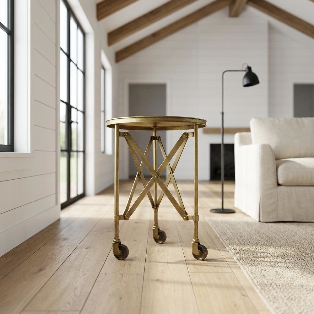 Round Industrial Side Table, Distressed Accent Table, Olive Ash. Picture 2