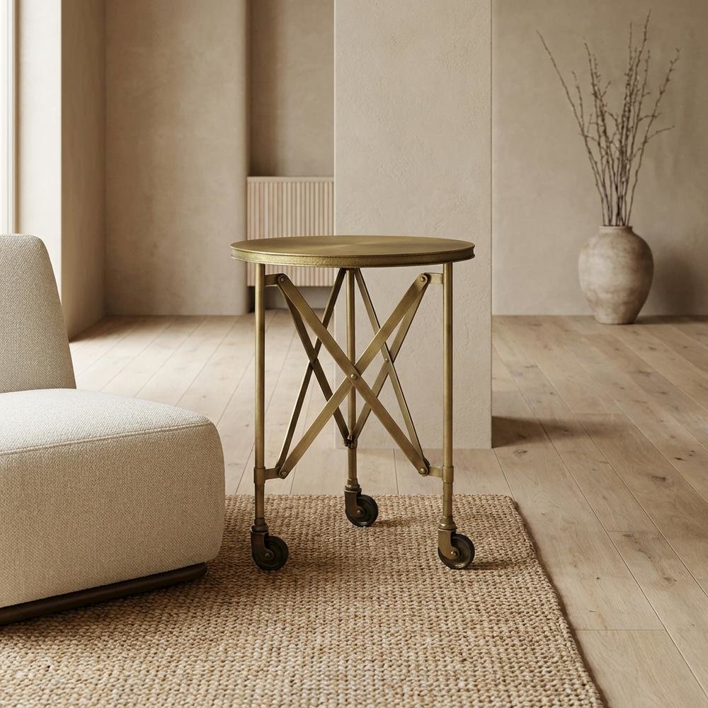 Round Industrial Side Table, Distressed Accent Table, Olive Ash. Picture 3