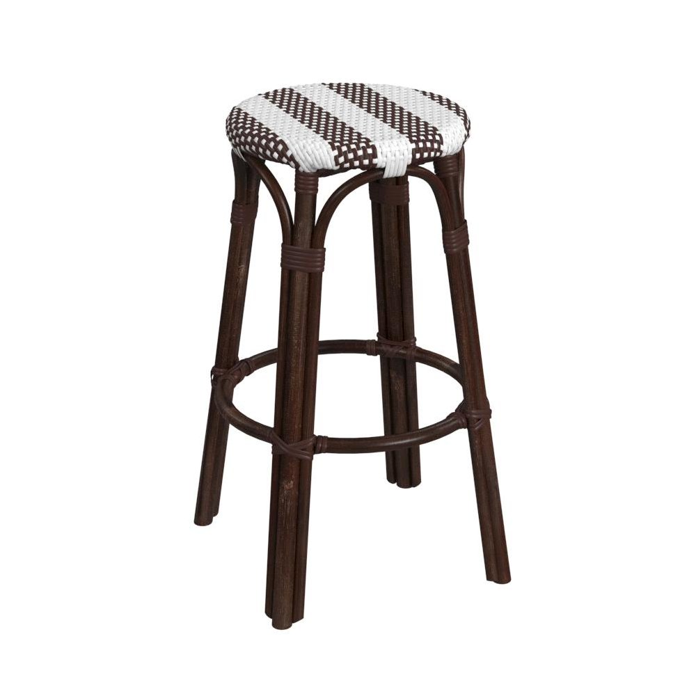Tobias Round Rattan 30" Bar Stool, White and Brown Stripe. Picture 1