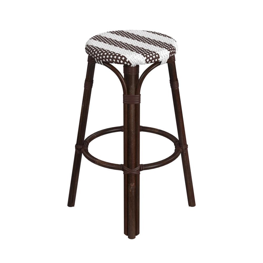 Tobias Round Rattan 30" Bar Stool, White and Brown Stripe. Picture 4