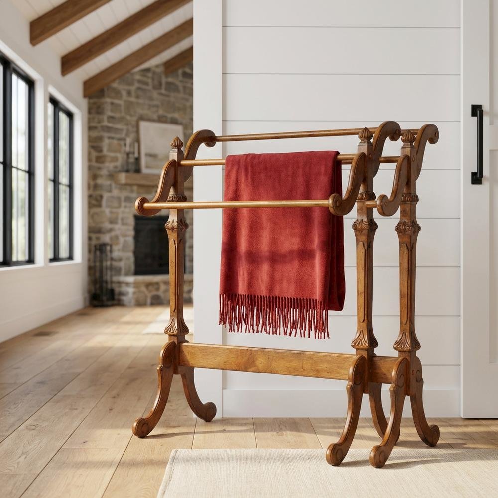 Wooden Blanket Stand with Trestle Base, Traditional Quilt Rack, Vintage Oak. Picture 2