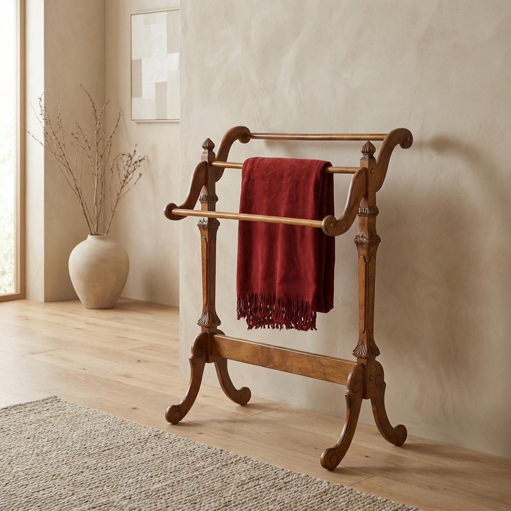 Wooden Blanket Stand with Trestle Base, Traditional Quilt Rack, Vintage Oak. Picture 3