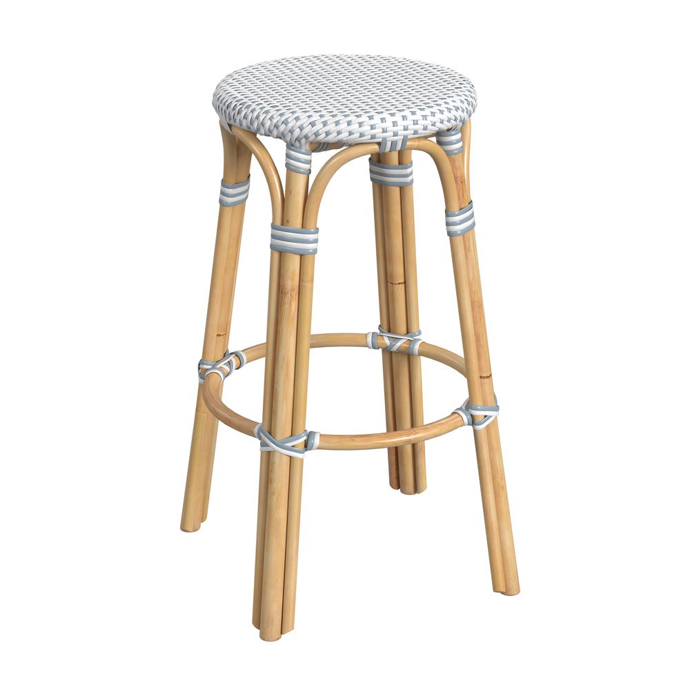 Tobias Round Rattan 30" Bar Stool, White and Sky Blue Dot. Picture 1