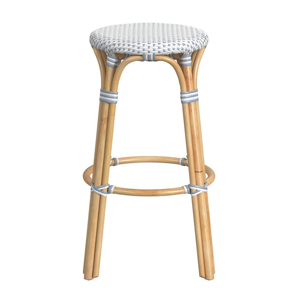 Tobias Round Rattan 30" Bar Stool, White and Sky Blue Dot. Picture 2