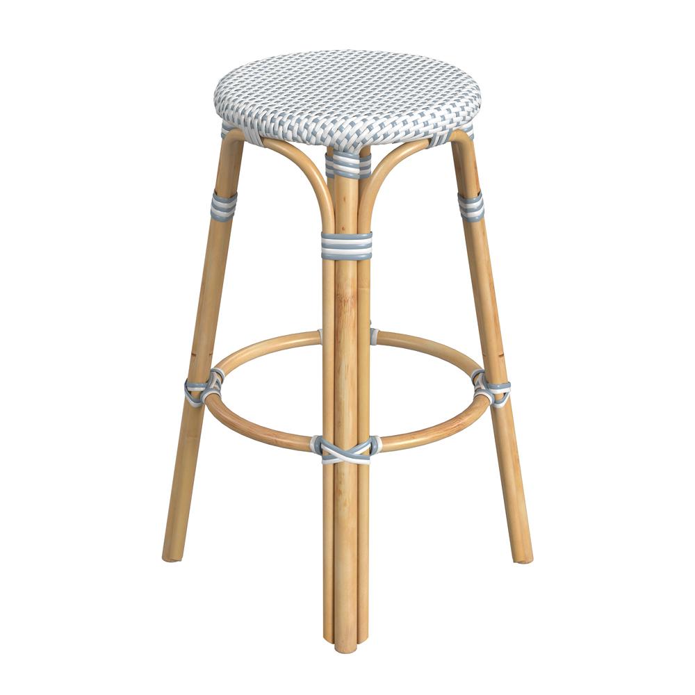 Tobias Round Rattan 30" Bar Stool, White and Sky Blue Dot. Picture 3