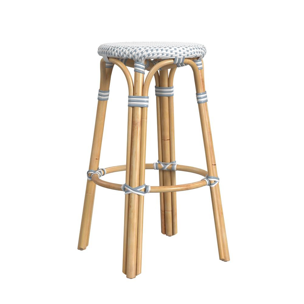 Tobias Round Rattan 30" Bar Stool, White and Sky Blue Dot. Picture 4