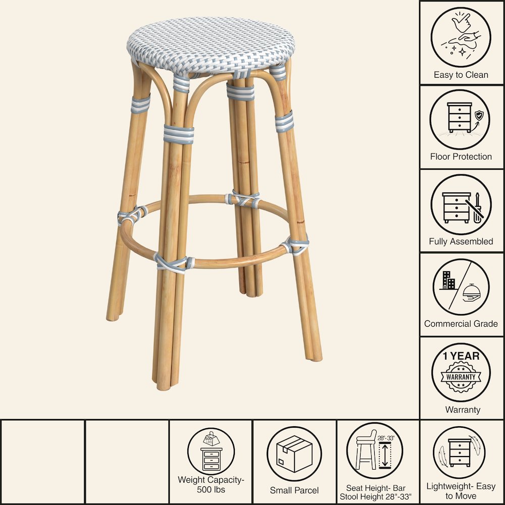 Tobias Round Rattan 30" Bar Stool, White and Sky Blue Dot. Picture 8
