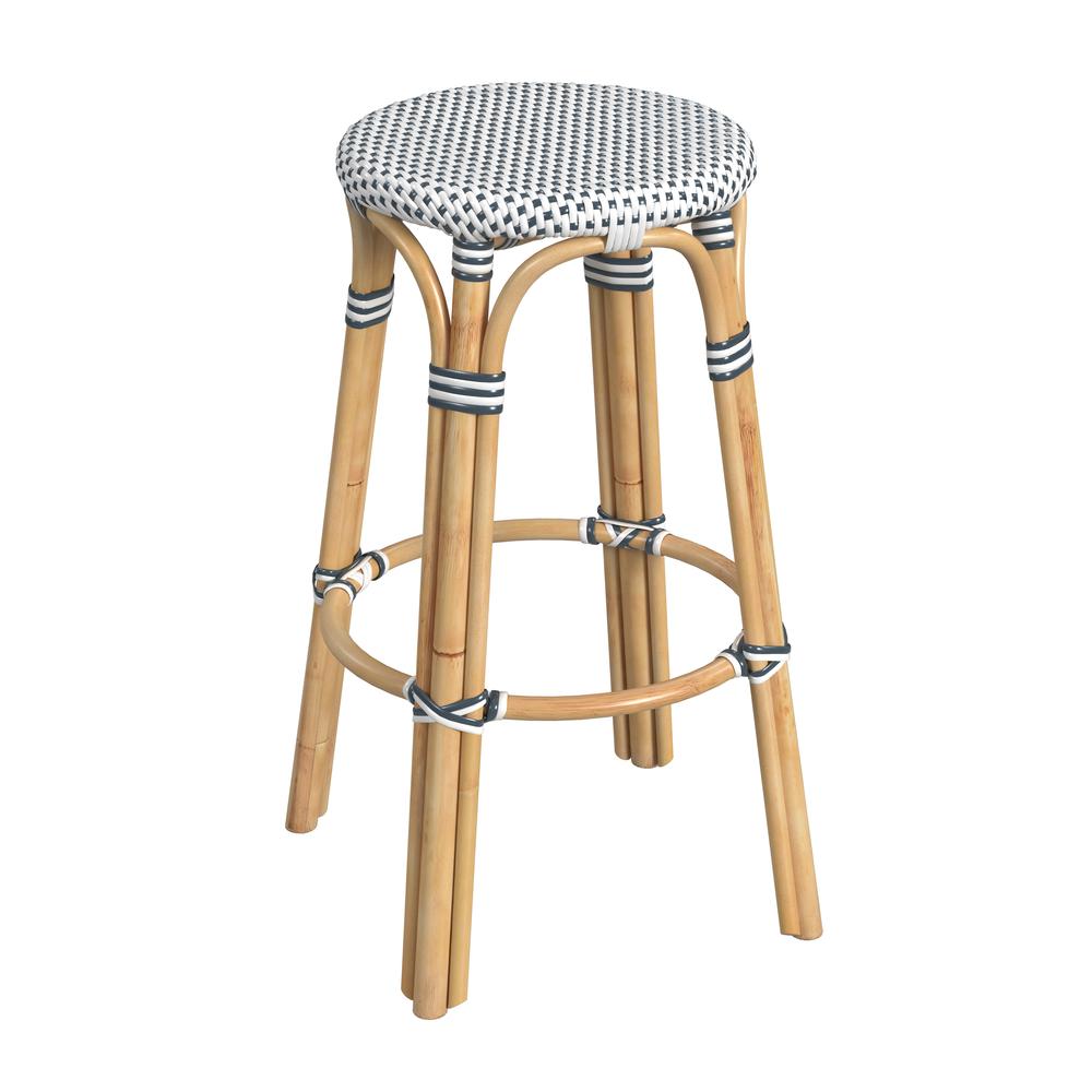 Tobias Round Rattan 30" Bar Stool, White and Navy Dot. Picture 1