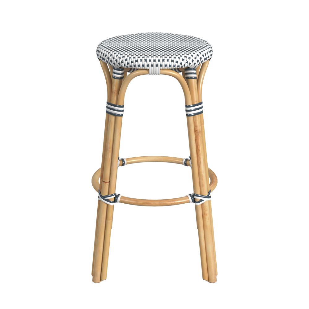 Tobias Round Rattan 30" Bar Stool, White and Navy Dot. Picture 2