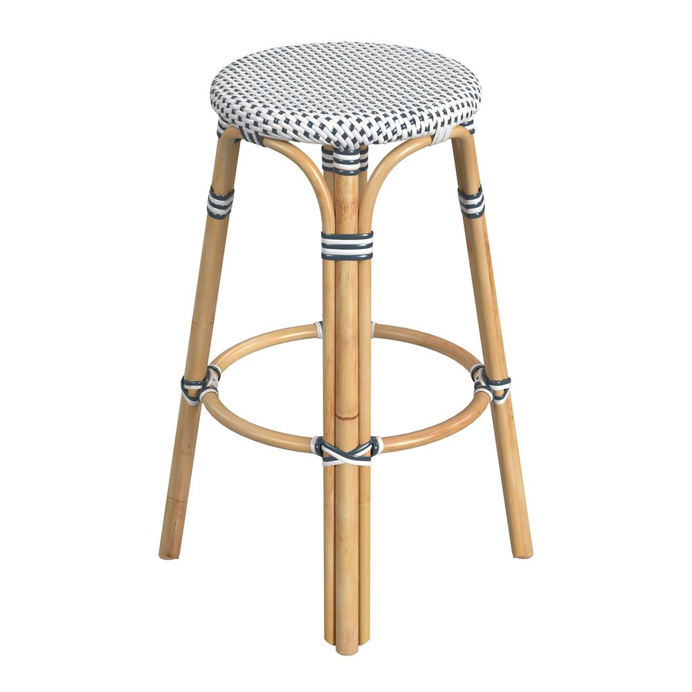 Tobias Round Rattan 30" Bar Stool, White and Navy Dot. Picture 3