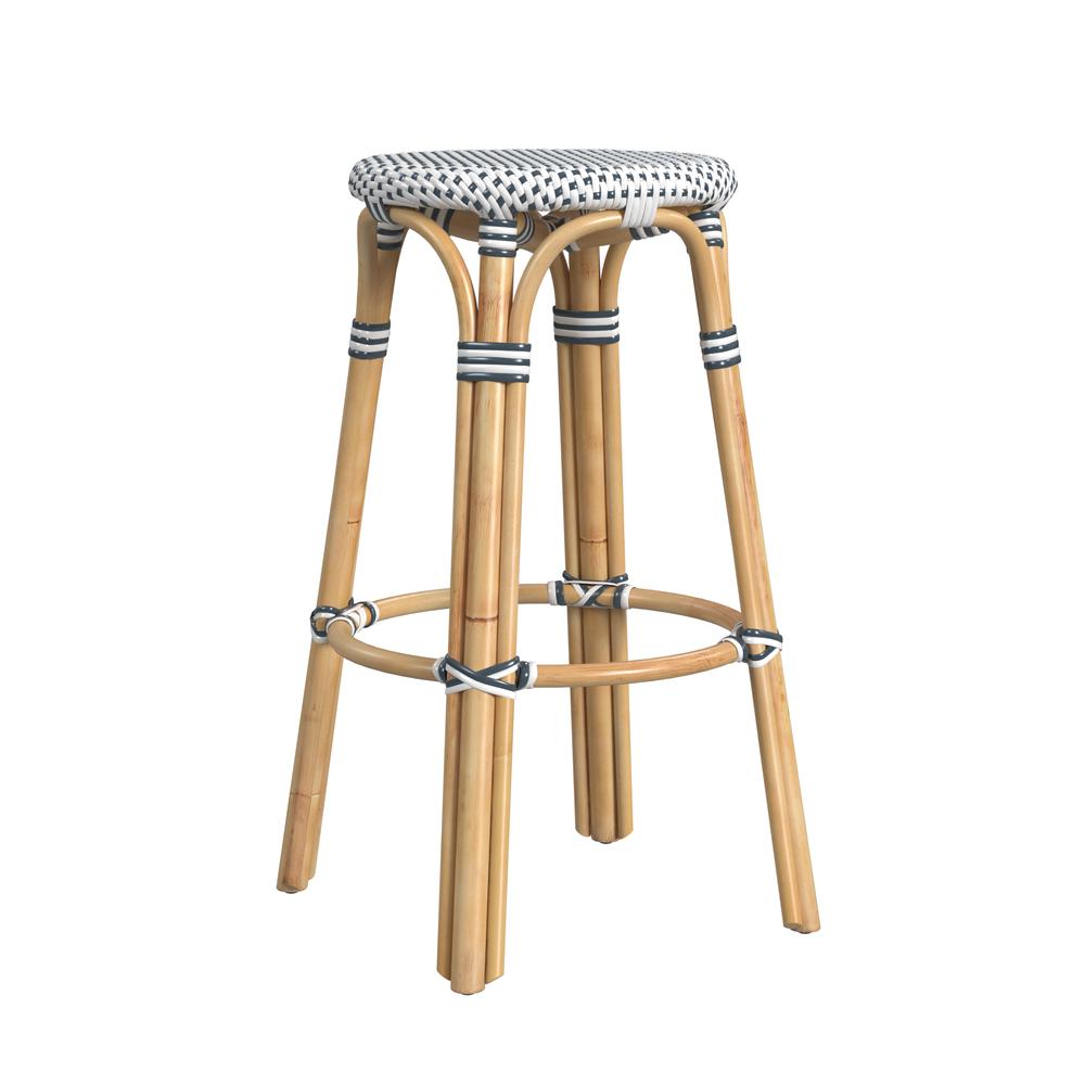 Tobias Round Rattan 30" Bar Stool, White and Navy Dot. Picture 4