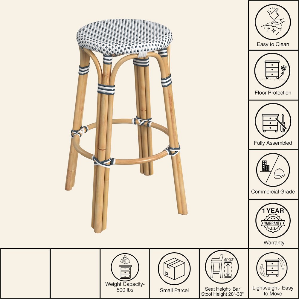 Tobias Round Rattan 30" Bar Stool, White and Navy Dot. Picture 8