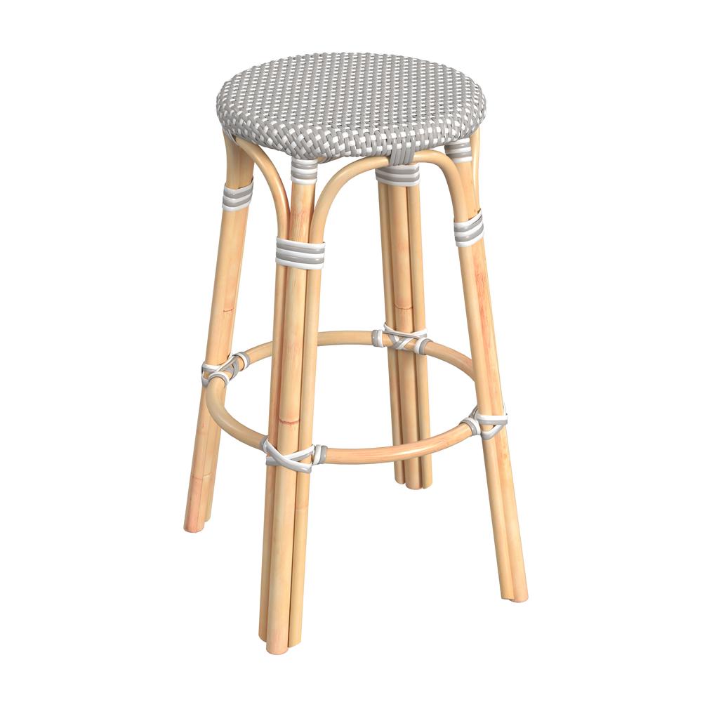 Tobias Round Rattan 30" Bar Stool, Gray and White Dot. Picture 1